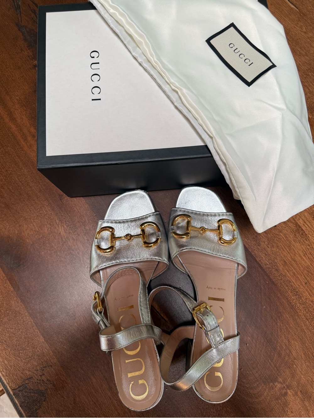 Gucci Horsebit Metallic Silver Ankle Strap Sandals - Picture 10 of 12